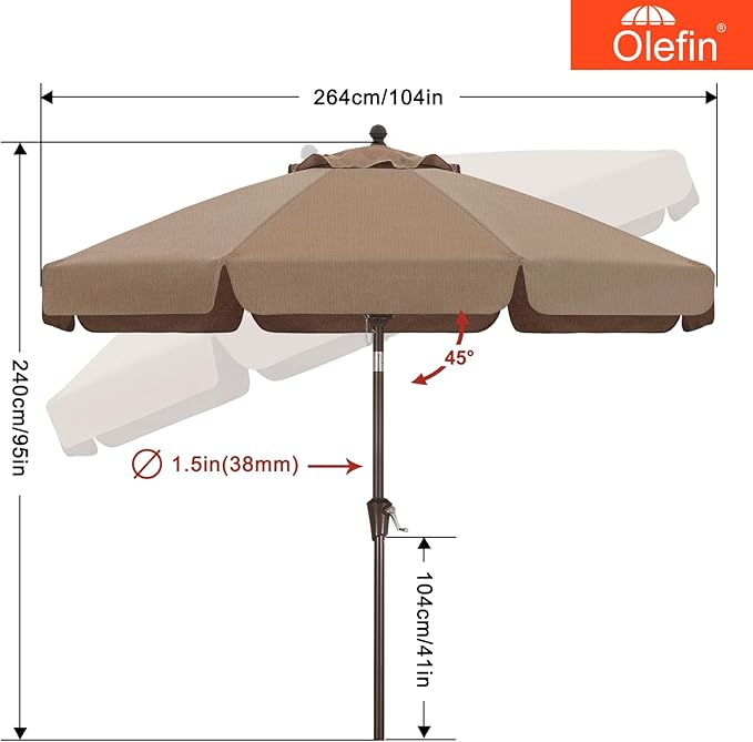 MASTERCANOPY 9ft Olefin Valance Patio Umbrella with Tilt Crank, 5-Year-Non-Fading Canopy & 8 Fiberglass Ribs for Deck, Patio, and Garden, Light Brown