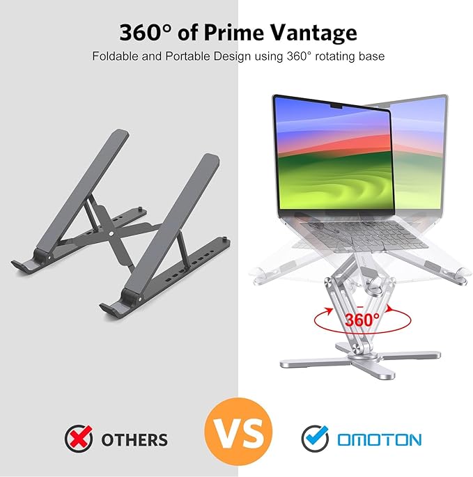 OMOTON LA10 360° Rotating Laptop Stand Riser for Desk, Ergonomic Foldable Computer Stand Adjustable Height Angles for Collaborative Work, Easy Storage Fit Macbooks,All Laptops up to 16 inches, Silver
