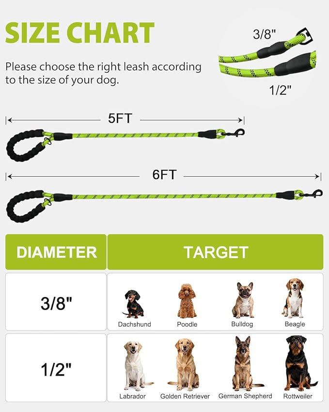 Joytale Dog Leash for Large Dogs, Heavy Duty Nylon Leashes with Comfortable Padded Handle and Highly Reflective Threads, Ideal for Walking and Training, Green, 6'횞1/2''