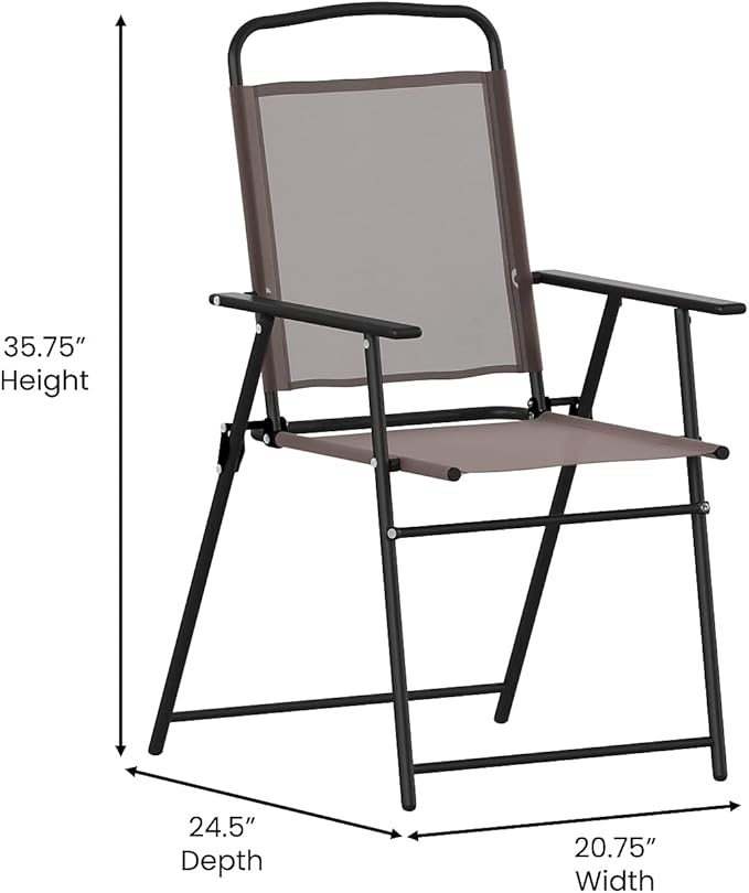 Flash Furniture Mystic Folding Patio Sling Chairs, Outdoor Textilene Lawn Chairs with Armrests, Set of 4, Brown