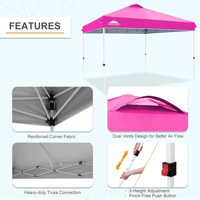 EAGLE PEAK Pop Up Canopy Tent with Wheeled Carry Bag, 8 Stakes, 4 Ropes, 4 Weight Bags, Easy Set Up Tent Canopy, 12x12 ft, 144sqft of Shade, Pink
