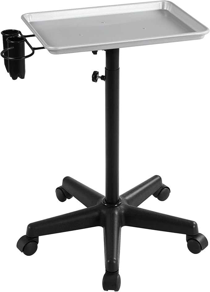 Yaheetech Rolling Salon Tray - Aluminum Trolley Cart Equipment on Wheels & Adjustable Height Mobile Beauty Salon Spa Stools Service Instrument Storage Tray w/Accessory Caddy - Silver