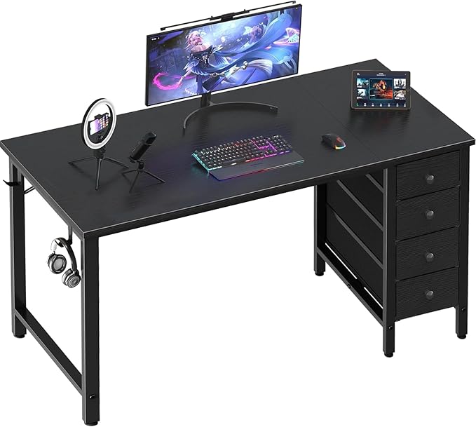 Lufeiya Gaming Desk with Fabric Drawers - 55 Inch Long Study Work Writing Reversible Computer Desk for Home Office Bedroom, Simple Modern Cute PC Desks with Drawer, Black
