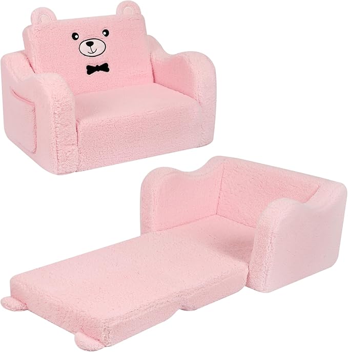 Kids Chairs for Toddler, 2-in-1 Toddler Soft Sherpa Couch Fold Out, Convertible Sofa to Lounger for Girls and Boys, Teddy Bear, Pink