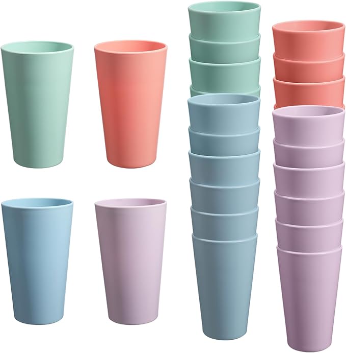 24 Pcs Unbreakable Plastic Cups Set, 20 oz Reusable Plastic Cups, Stackable Water Tumblers, Drinking Cup for Kitchen, Outdoor, BPA-free, Dishwasher Refrigerator and Microwave Safe (20 oz, 4 Colors)