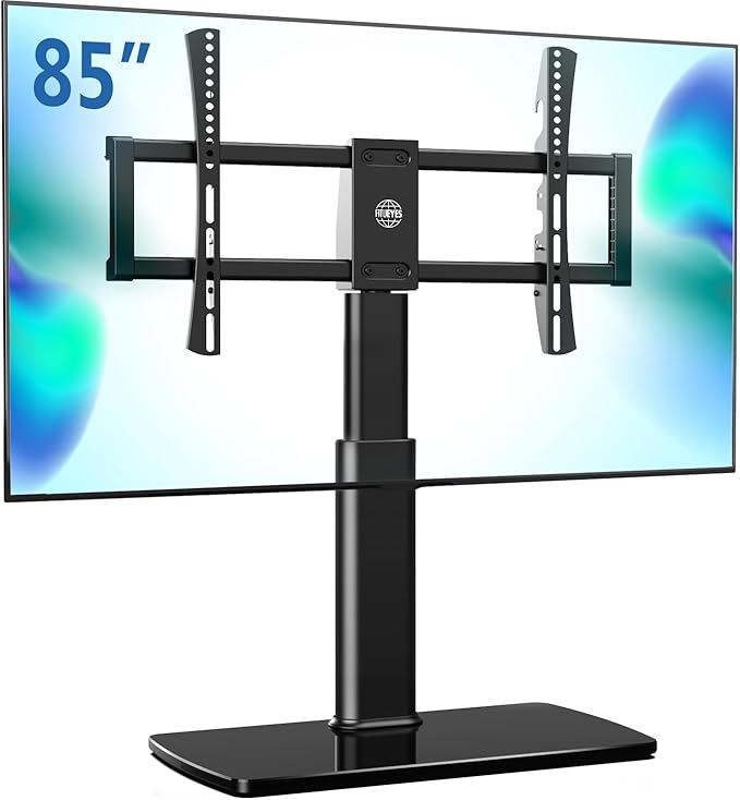 FITUEYES Universal TV Stand Mount for 43-80 85 inch TVs, Swivel Tall TV Mount Stand, Table Top TV Stand Base Replacement, Height Adjustable TV Table Stand, Glass Base, Max Holds 110lbs