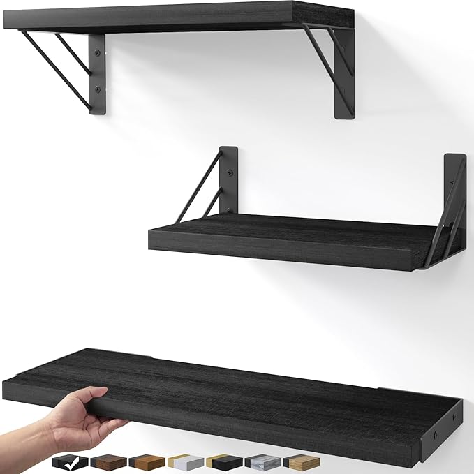 BAYKA Wall Shelves for Bedroom Decor, Floating Wall Shelves for Living Room Kitchen Storage, Wall Mounted Rustic Wood Floating Shelves for Kids Books, Corner Shelves for Bathroom, Office(Set of 3)