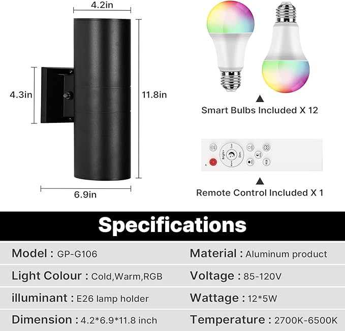 RGBCW Outdoor Wall Light 6 Pack, Smart Porch Light Dusk to Dawn Lighting with Remote Control, WiFi Outdoor Wall Sconce, Compatible with Alexa, Exterior Lights for House Porch Garage