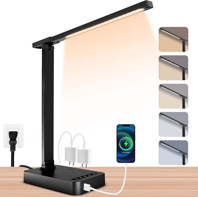 Smart Desk Lamp with 4-in-1 Charging Station (2 AC outlets, Type-C, USB-A Ports), 5 Color temperatures and 5 Brightness Levels, Adjustable gooseneck arm, Eye-Friendly Lighting for desks, bedrooms