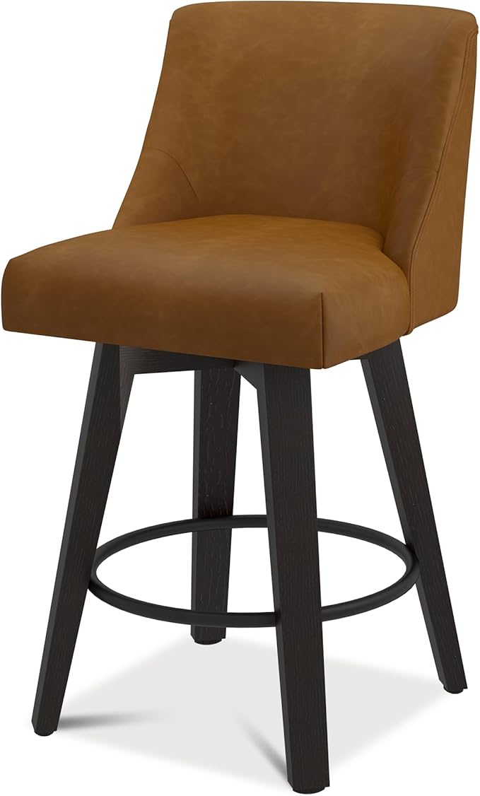 Bar Stools Set of 2, 26" H Counter Height Swivel Bar Stools, Upholstered Kitchen Island Counter Stools with Back and Solid Wood Legs, Faux Leather in Rustic Brown