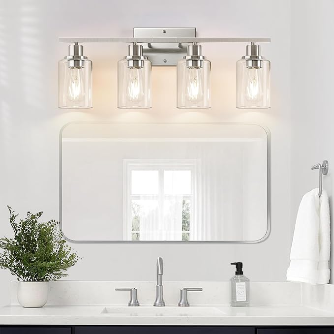 4-Light Bathroom Light Fixtures, Brushed Nickel Vanity Lights with Clear Glass Shades, Modern Bathroom Wall Lamp for Mirror Living Room Cabinet Bedroom Porch