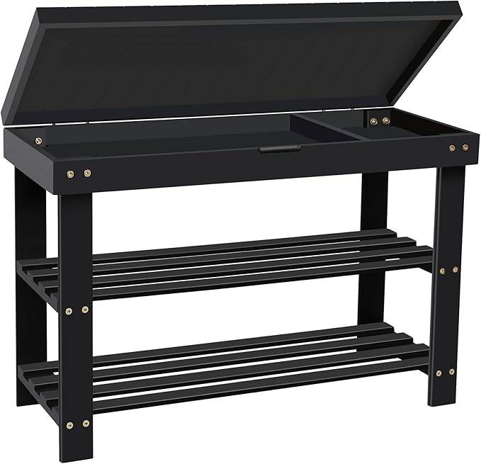 BAMBUROBA Shoe Rack Bench for Entryway,3-Tier Bamboo Small Bench with Storage Drawer,Shoe Shelf Organizer Indoor Outdoor Use,Black
