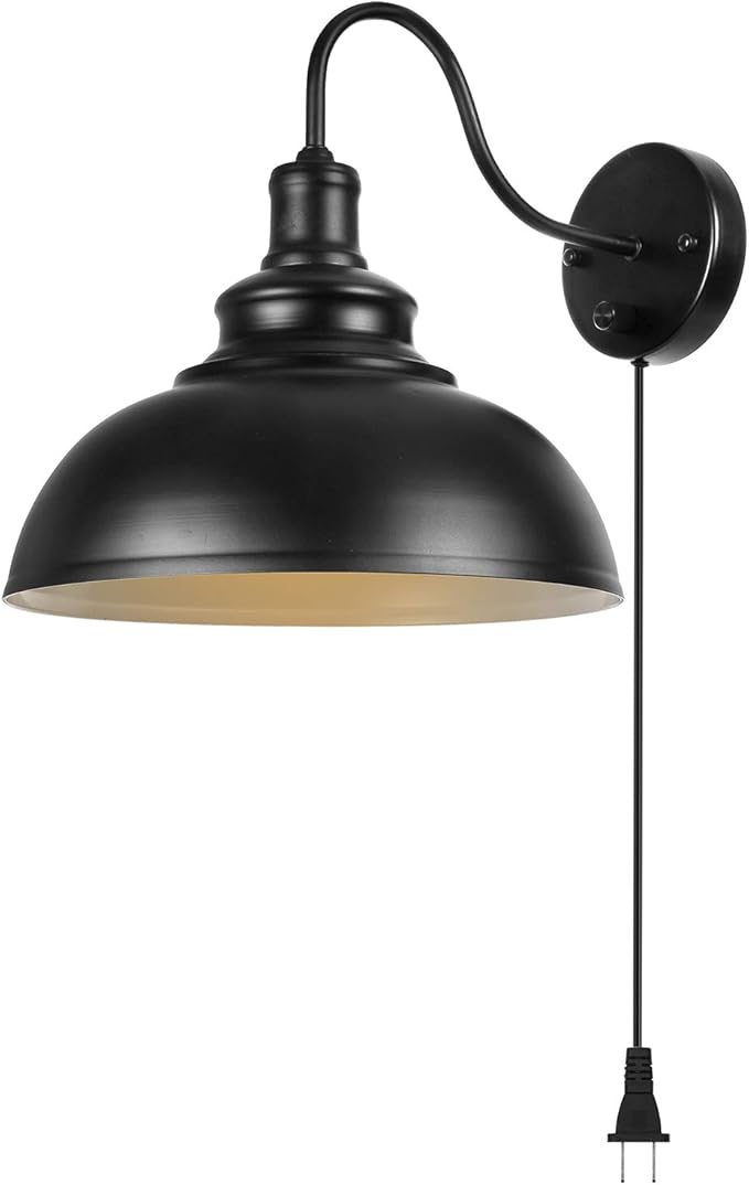 Gooseneck Wall Lamp Black Industrial Vintage Farmhouse Wall Sconces Lighting Wall Light Fixture with Plug in Cord and On Off Switch for Bedroom Nightstand