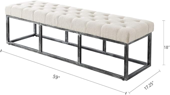 24KF Upholstered Tufted Long Bench Seats with Metal Frame Leg, Linen Bench Ottoman with Padded Seat-Ivory