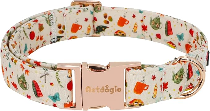 Autumn Dog Collar竊똕oft Cotton Handmade Pet Collar with Autumn Tea Party Design for Small Medium Large Dogs, Adjustable Collars for Fall Walks竊똖ea-Time Adventures & Fireside Snuggles -M