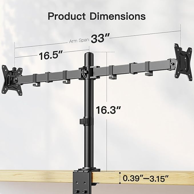 ErGear Dual Monitor Desk Mount for 13″–34″ Monitors up to 26.5 lbs, Fully Adjustable Monitor Stand Holds 2 Computer Screens, Heavy-Duty Dual Monitor Arm with C-Clamp & Grommet Base, Black, EGCM13B