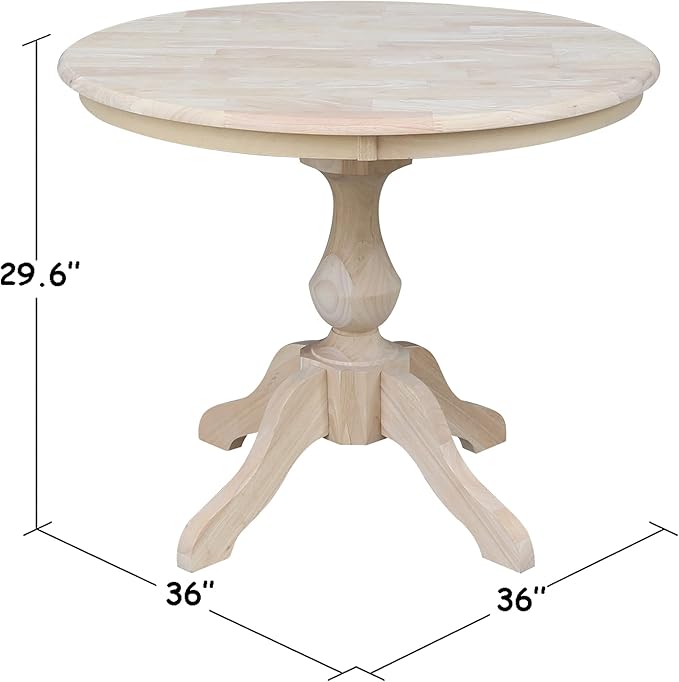 IC International Concepts, 36" Round Top Pedestal Dining Table, 29.9" High, Solid Real Wood, Sturdy Parawood, DIY, Paint/Stain Ready, Unfinished