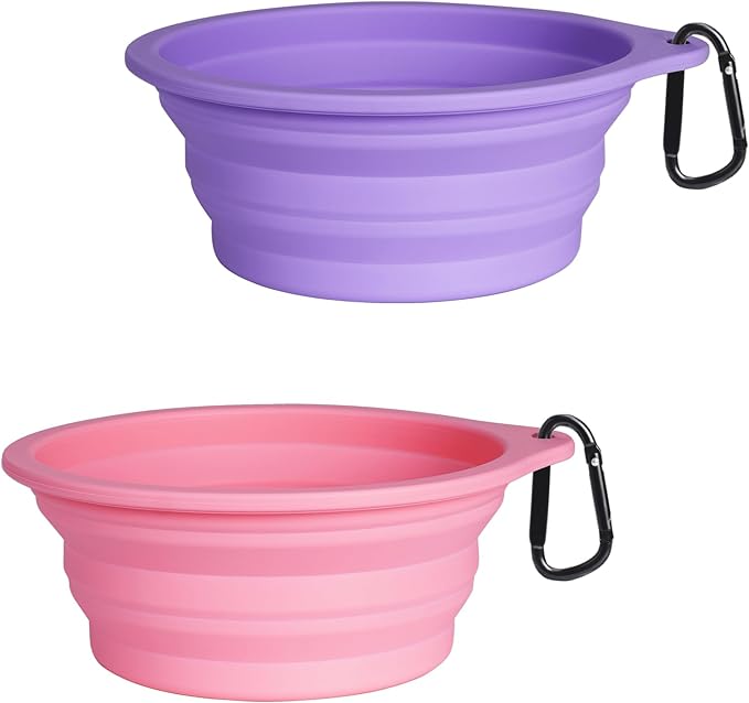 PetBonus 2-Pack Large Silicone Collapsible Dog Bowls, 34oz/1000ml BPA Free Portable Foldable Travel Bowl for Pet Cat, Food Water Feeding Dish for Camping with 2 Carabiners (Purple, Pink)