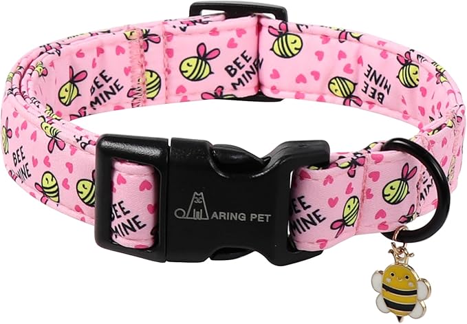 ARING PET Pink Dog Collar, Cute Yellow Bees Pet Collars for Puppy Small Medium Large Boy Girl Dogs-M
