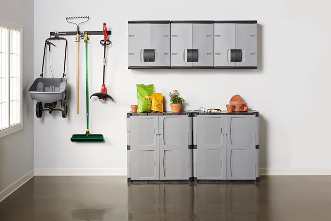 Rubbermaid Wall Mounted Storage Cabinet with Doors 150-Pound Capacity Gray Lockable Three-Shelf Cubbard for Tools/Car Accessories/Cleaning in Home/Garage/Outdoor Areas