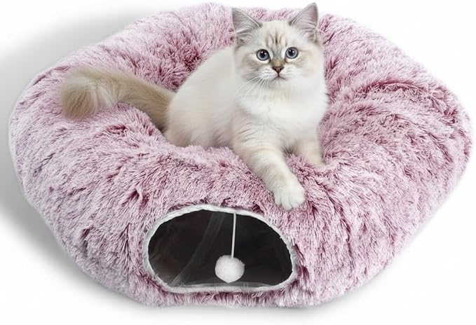 AUOON Cat Tunnel Bed for Indoor Cats - Large Cat Donut Tunnel with Hanging Ball Toy, Collapsible 2-in-1 Multifunctional Interactive Cat Toy for Kitten, Puppy, Rabbit, Ferret (Rosiness)