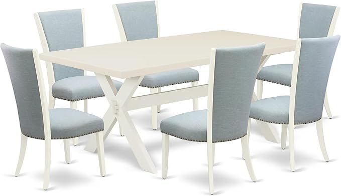 East West Furniture X027VE215-7 7 Piece Kitchen Table Set Consist of a Rectangle Dining Table with X-Legs and 6 Baby Blue Linen Fabric Parson Dining Chairs, 40x72 Inch, Multi-Color