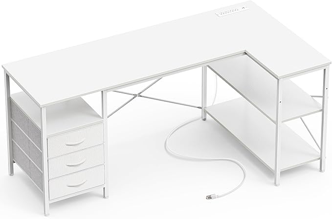 Huuger L Shaped Office Desk with Power Outlets, 55 Inch Computer Desk with 3 Drawers, Shelves, Reverisble for Gaming Corner Work Home Office Study, White