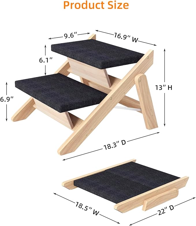 Dog Stairs/Ramp for Bed, Wooden Convertible Pet Steps, Portable Dog Step Up to 180 Pound for Elderly/Short-Legged Dogs, 2 Steps for Beds, Couch, Cars