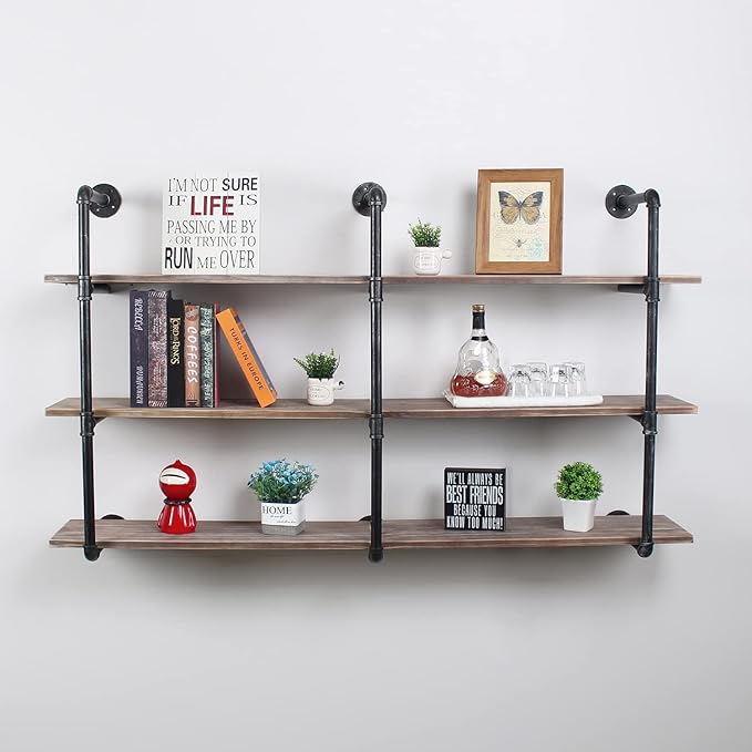 MBQQ Industrial Pipe Shelving Wall Mounted,63in Rustic Metal Floating Shelves,Steampunk Real Wood Book Shelves,Wall Shelf Unit Bookshelf Hanging Wall Shelves,Farmhouse Kitchen Bar Shelving(3 Tier)
