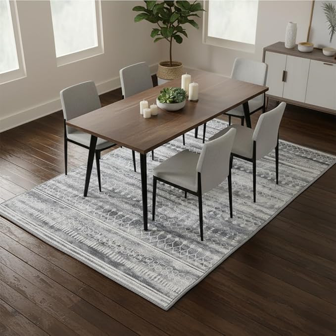 Muddy Mat짰 Greyline 5ft x 7ft Washable Area Rugs for Living Room, Bedroom & Dining Room ??Modern Soft Low Pile Non Slip Carpet ??Pet Friendly Waterproof Foldable Rugs for Home