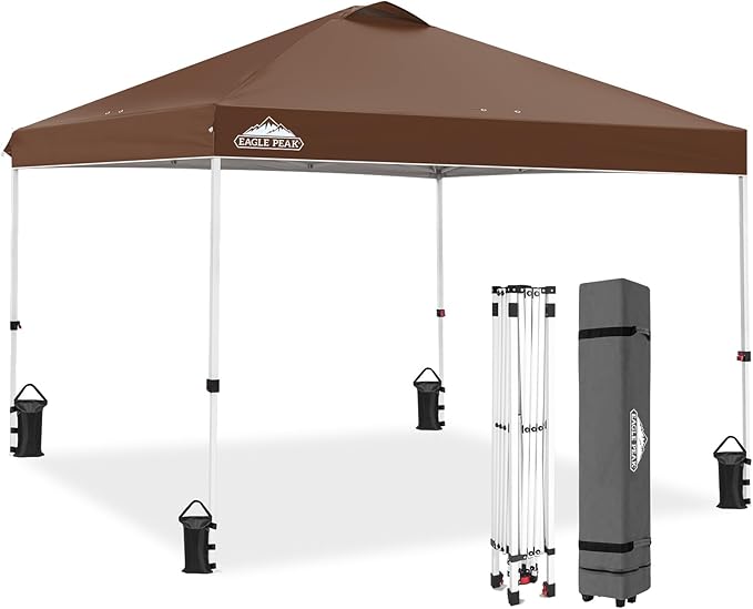 EAGLE PEAK Pop Up Canopy Tent with Wheeled Carry Bag, 8 Stakes, 4 Ropes, 4 Weight Bags, Easy Set Up Tent Canopy, 10x10 ft, 100sqft of Shade, Dark Brown
