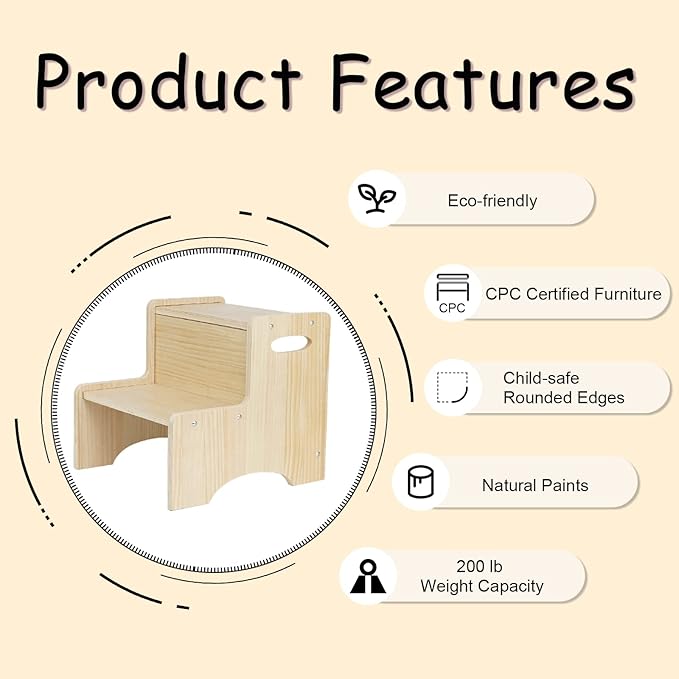 WOOD CITY Toddler Step Stool for Kids, Wooden Two Step Children's Stool with Handles, Bonus Non-Slip Pads for Safety, Bathroom Potty Stool & Kitchen Step Stools Dual Height