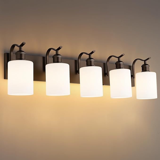 5 Light Bathroom Vanity Light, Morden Vanity Lighting Fixtures Over Mirror Oil Rubbed Bronze Bathroom Wall Sconce with Milky White Frosted Shade ZCVL01ORBW-5