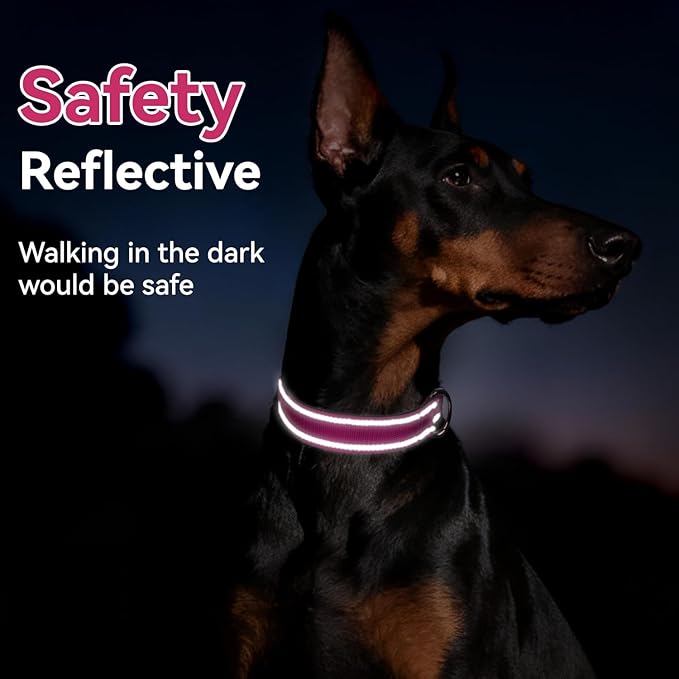 Reflective Dog Collar for Mediunm Dogs, Adjustable Collar with Soft Neoprene Padded, Durable Buckle for Daily Walking,Hotpink,M, 3/4" Width