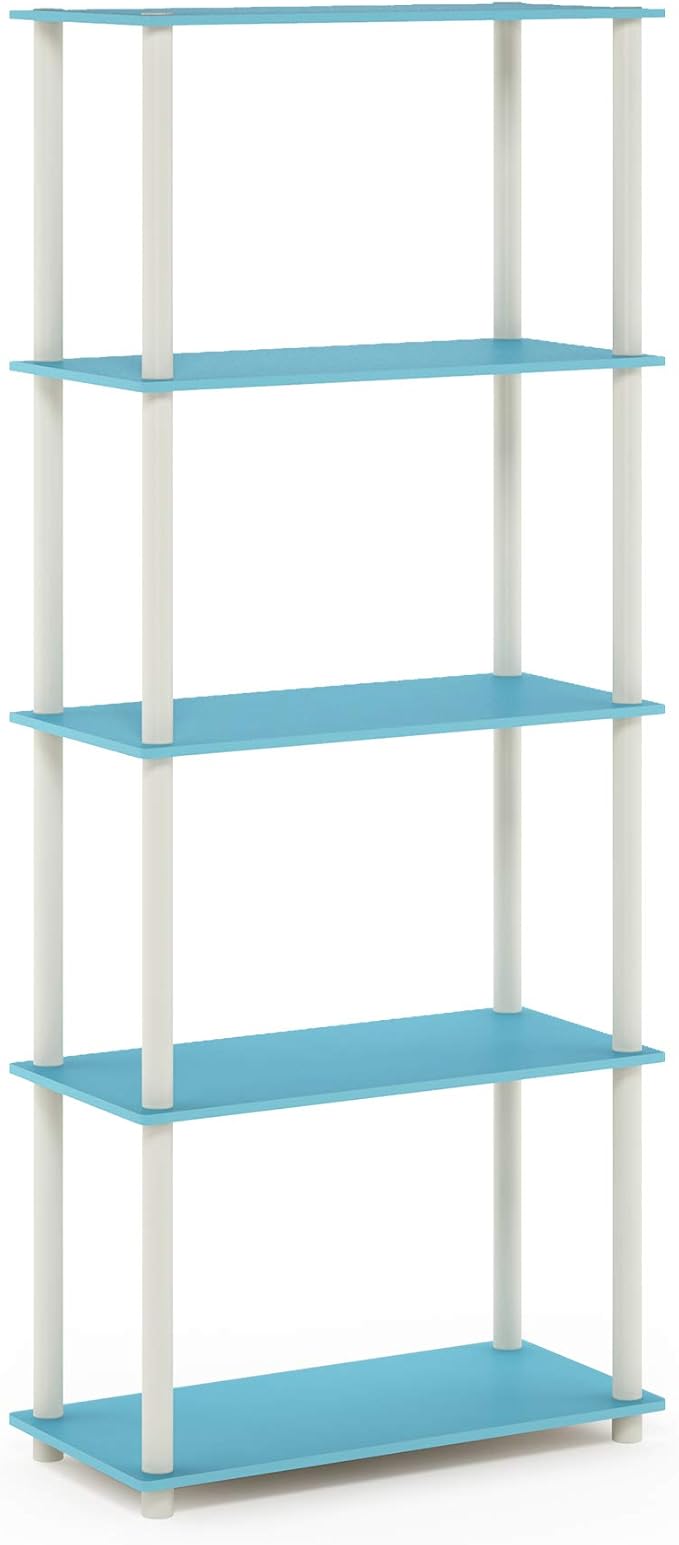 Furinno TURN-N-TUBE Storage Shelves, 5-Tier Book Shelf, Corner Shelf, Toolless Open Shelves, for Organization and Storage, Living Room, Garage, Home Office, Light Blue