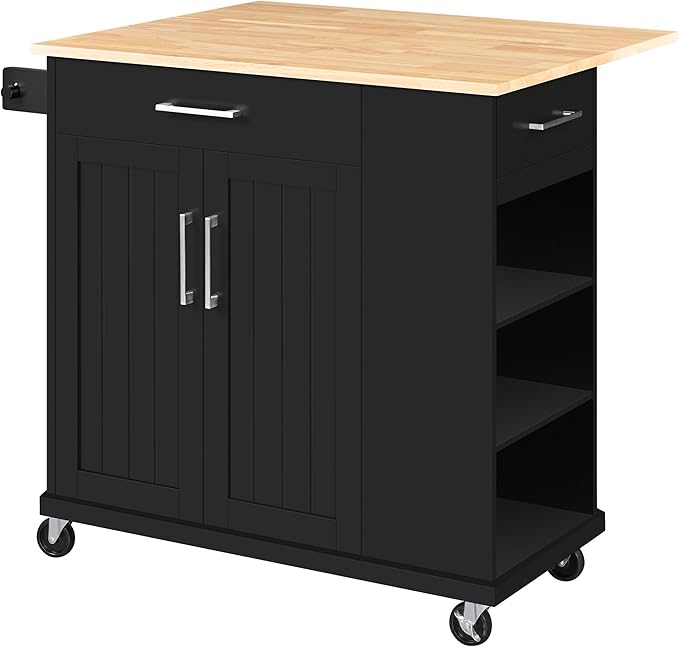 Yaheetech Rolling Kitchen Island Cart with Drop Leaf, Portable Rubberwood Breakfast Bar with Storage Cabinet, Open Shelves & Detachable Towel, 2 Drawers, Black