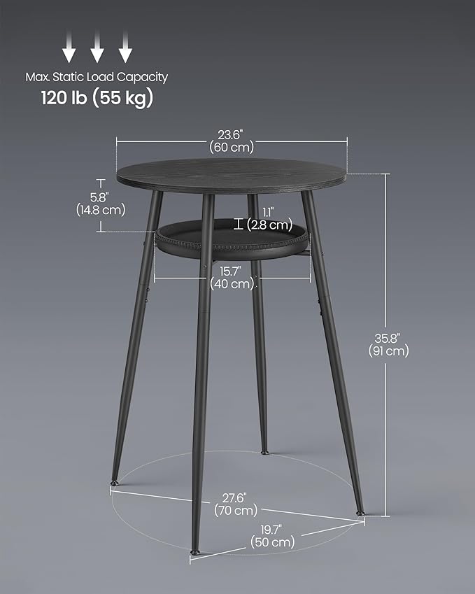VASAGLE EKHO Collection - Bar Table with Storage, Round High Pub Table, Synthetic Leather with Stitching, Mid-Century Modern, Kitchen Home Bar, Living Room, Easy Assembly, Ebony Black and Ink Black