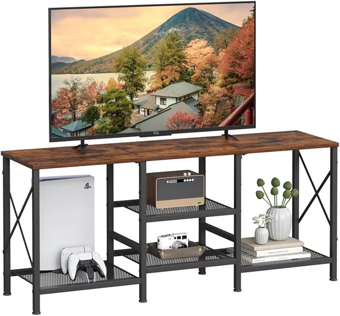 TV Stand for 55 Inch TV, Entertainment Center with 3-Tier Open Shelves, TV Console Table for Living Room, Bedroom, Rustic Brown