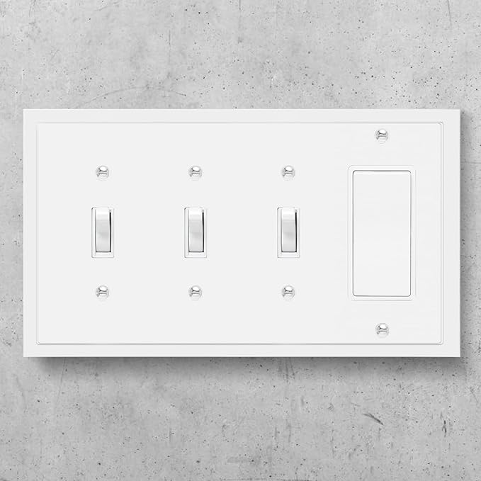Henne Bery Modern Edge Decorative Wall Plate Switch Plate Outlet Cover, Durable Solid Zinc Alloy (Triple Toggle/Single Decorator, White)