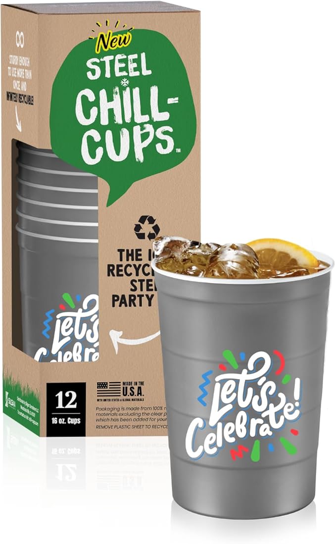 16 oz. Party Cups 'Let's Celebrate Let's Party' Design for Cold Drinks, Durable, Disposable, Recyclable, Made in USA, Gray, 12 Count