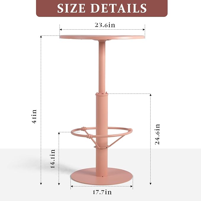 42" Tall Modern Industrial Bar Table-23.6" Dia Round Metal Top Standing Pub Cocktail Bistro Table-Indoor Outdoor Patio-Commercial Grade, Heavy Duty (Peach-Pink)