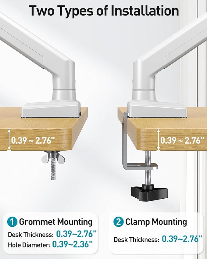 Dual Monitor Arm Desk Mount Fits 13 to 32 inch Computer Screens, Holds 4.4 to 22lbs Display VESA Mount, Adjustable Double Monitor Stand with Clamp/Grommet Base, 75/100mm Bracket, White, Freelift