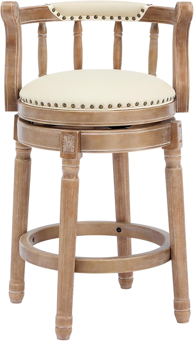 CozyRain Bar Stools Modern Swivel Barstools,Kitchen Counter Genuine Leather Upholstered Vintage Barstool for Home Kitchen Dining Room (Beige, Seat Height 26 in)