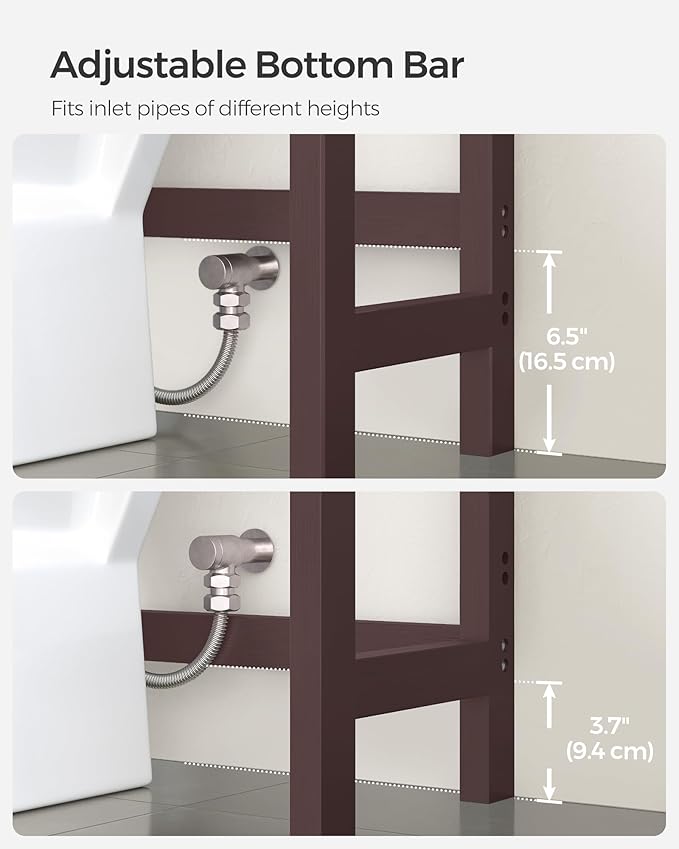 SONGMICS Over The Toilet Storage, 3-Tier Over Toilet Bathroom Organizer with Adjustable Shelf, 10.2 x 24.8 x 66.9 Inches, Space-Saving, Brown UBTS01BR