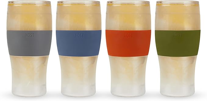 HOST Beer FREEZE Beer Glass Cups Set Drinking Glasses, Freezer Mugs with Gel Double Walled Cool Cups Plastic Multicolor 16oz Set of 4