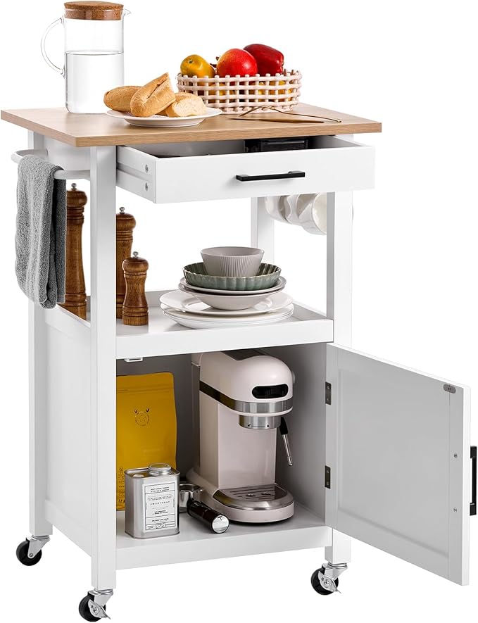 VEVOR Kitchen Island Cart with Single Door Cabinet, Mobile Carts with Drawer, Towel Rack, Hooks, Portable Table on Swivel Wheels, Small Coffee Islands Microwave Stand for Dining Room, 18x23 in, White