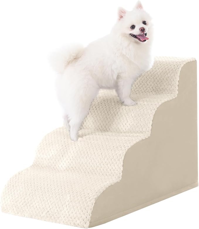 MIHIKK Dog Stairs Ramp, Curved 4-Step Dog Steps for Small Dogs and Cats, Pet Stairs for High Beds and Couch with Anti-Slip Washable Cover and Durable High Density Foam, Beige