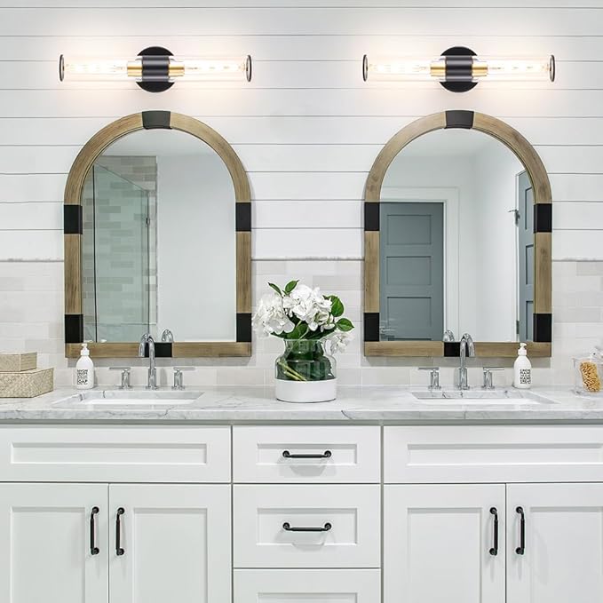 Black and Gold Bathroom Wall Sconces, Hardwired Sconce Wall Decor Set of 2, Modern Wall Sconce with Clear Glass, Bathroom Sconces over Mirror, Wall Light Fixtures for Hallway, Bedroom (Bulbs Required)