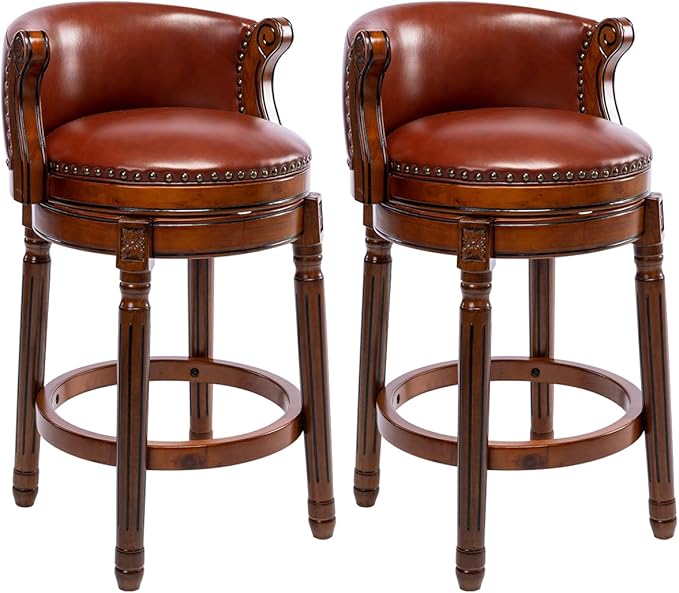 Cow top Leather Wooden Bar Stools, 29.5" Bar Height Bar Chair with Back, 180 Degrees Swivel Barstools Chair for Home Kitchen Counter,Dining Room, Restaurant,Study and Pub,2pcs(Brown)