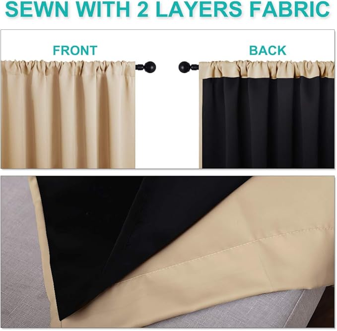 NICETOWN Biscotti Beige Kitchen 100% Blackout Curtains 48 inches Long, Rod Pocket Basement Completely Blackout Thermal Insulated Lined Drapes for Small Window (1 Pair, 37 inches Width Each Panel)